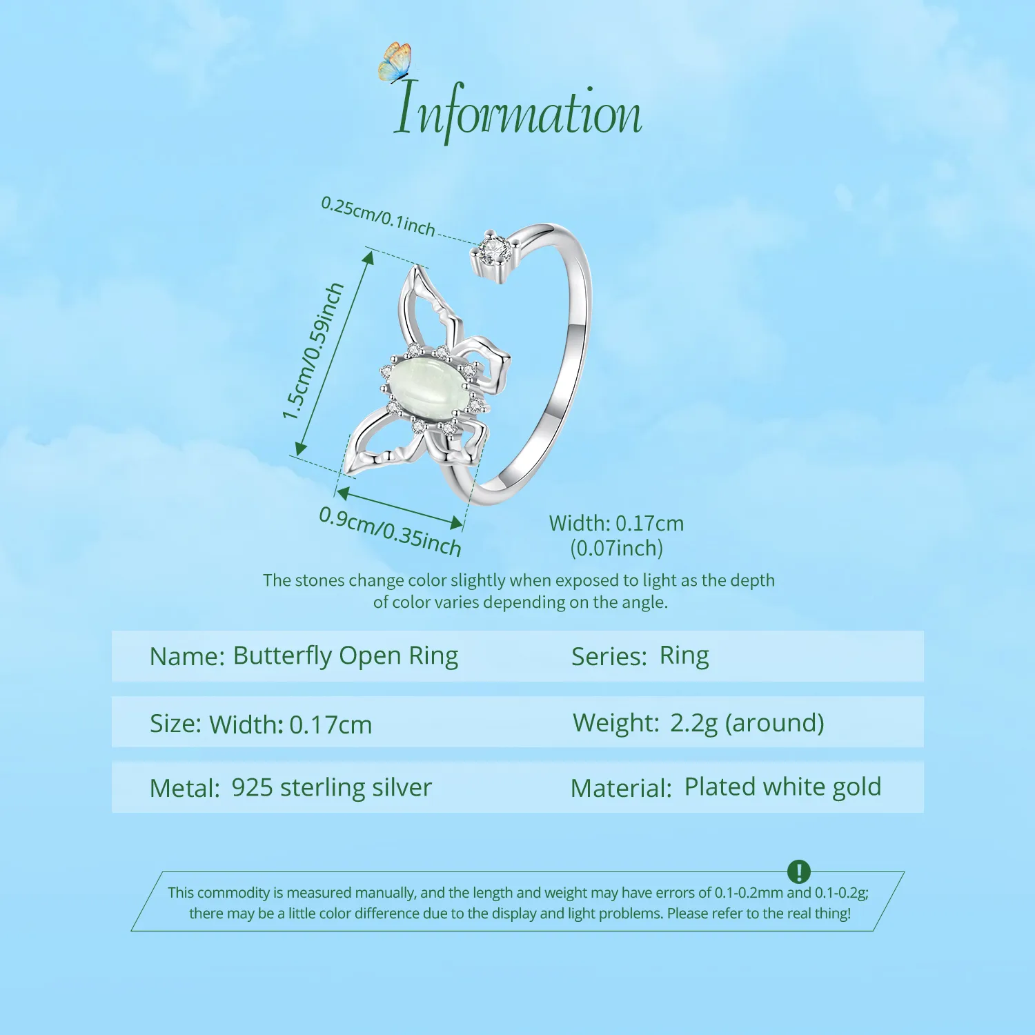 Butterfly 925 Sterling Silver White Gold Plated Jade Zircon Open Rings display picture 2