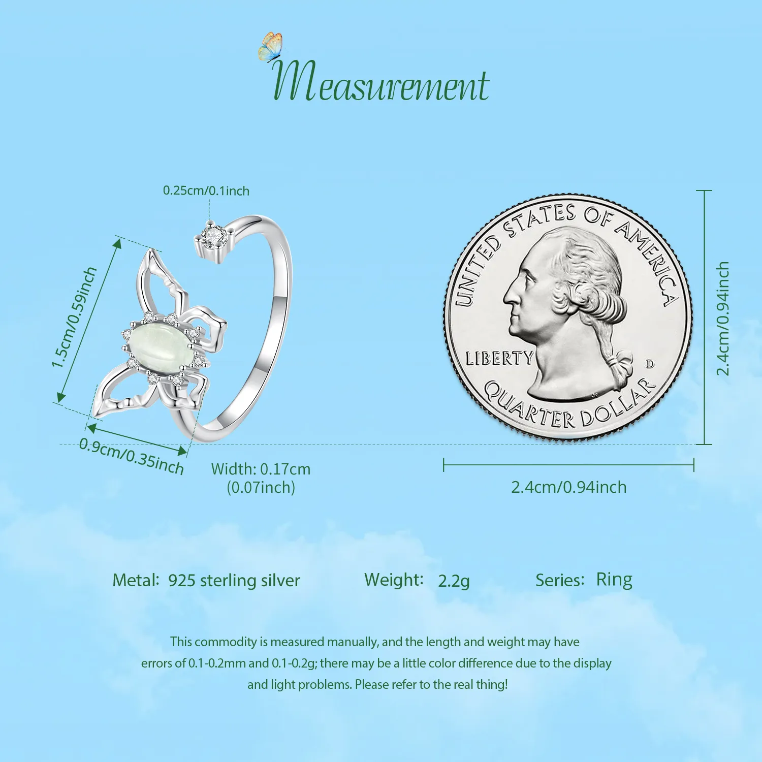 Butterfly 925 Sterling Silver White Gold Plated Jade Zircon Open Rings display picture 4