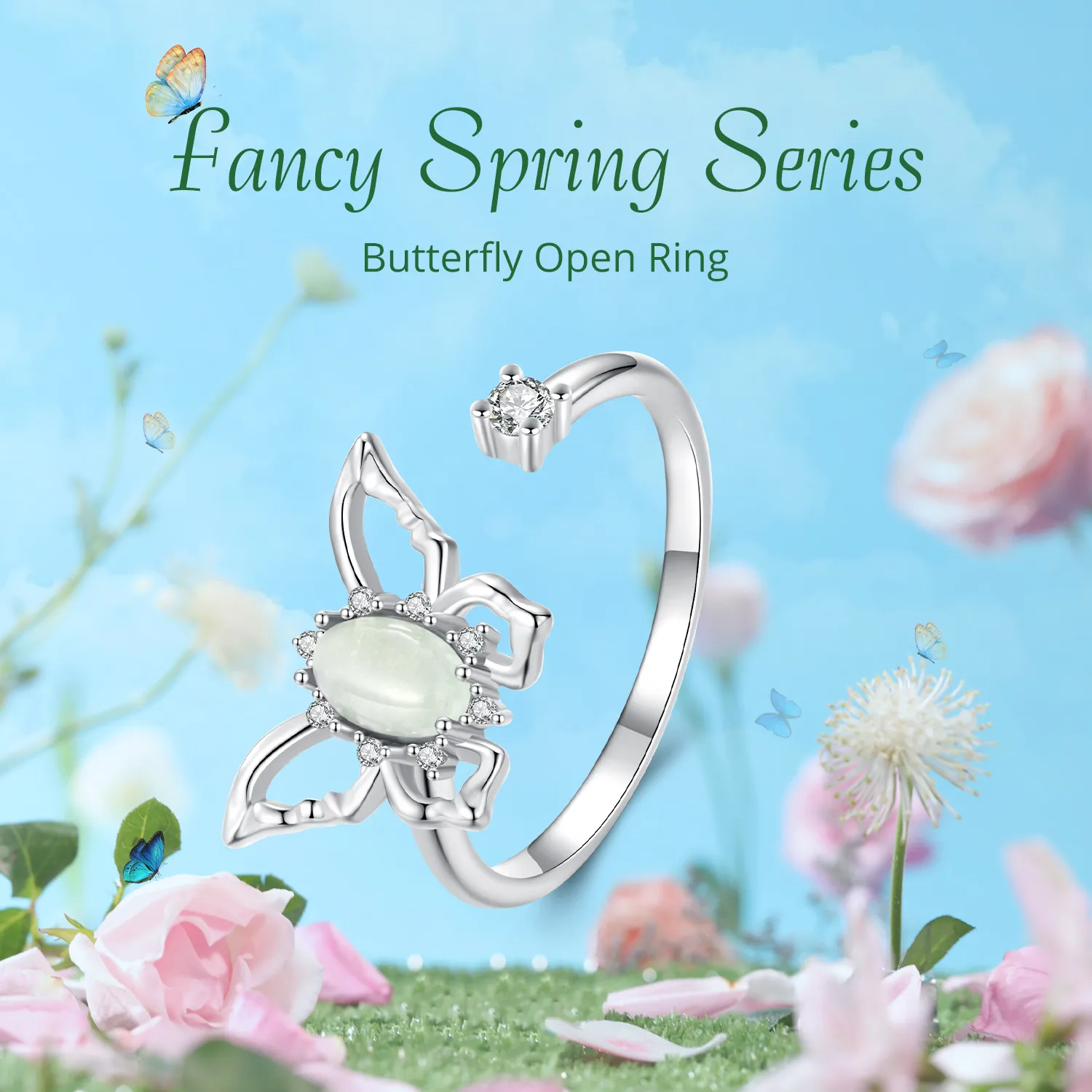 Butterfly 925 Sterling Silver White Gold Plated Jade Zircon Open Rings display picture 3