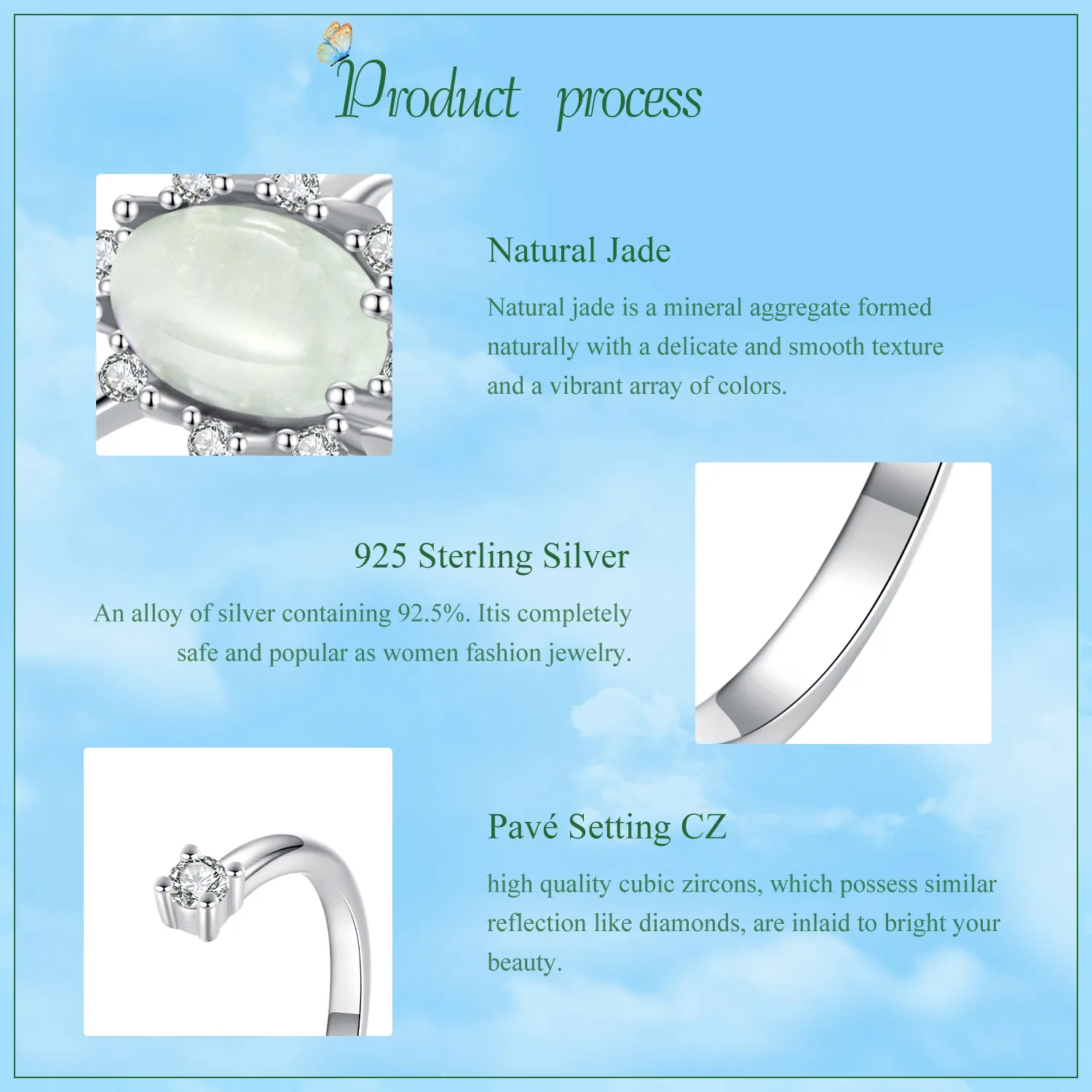 Butterfly 925 Sterling Silver White Gold Plated Jade Zircon Open Rings display picture 1