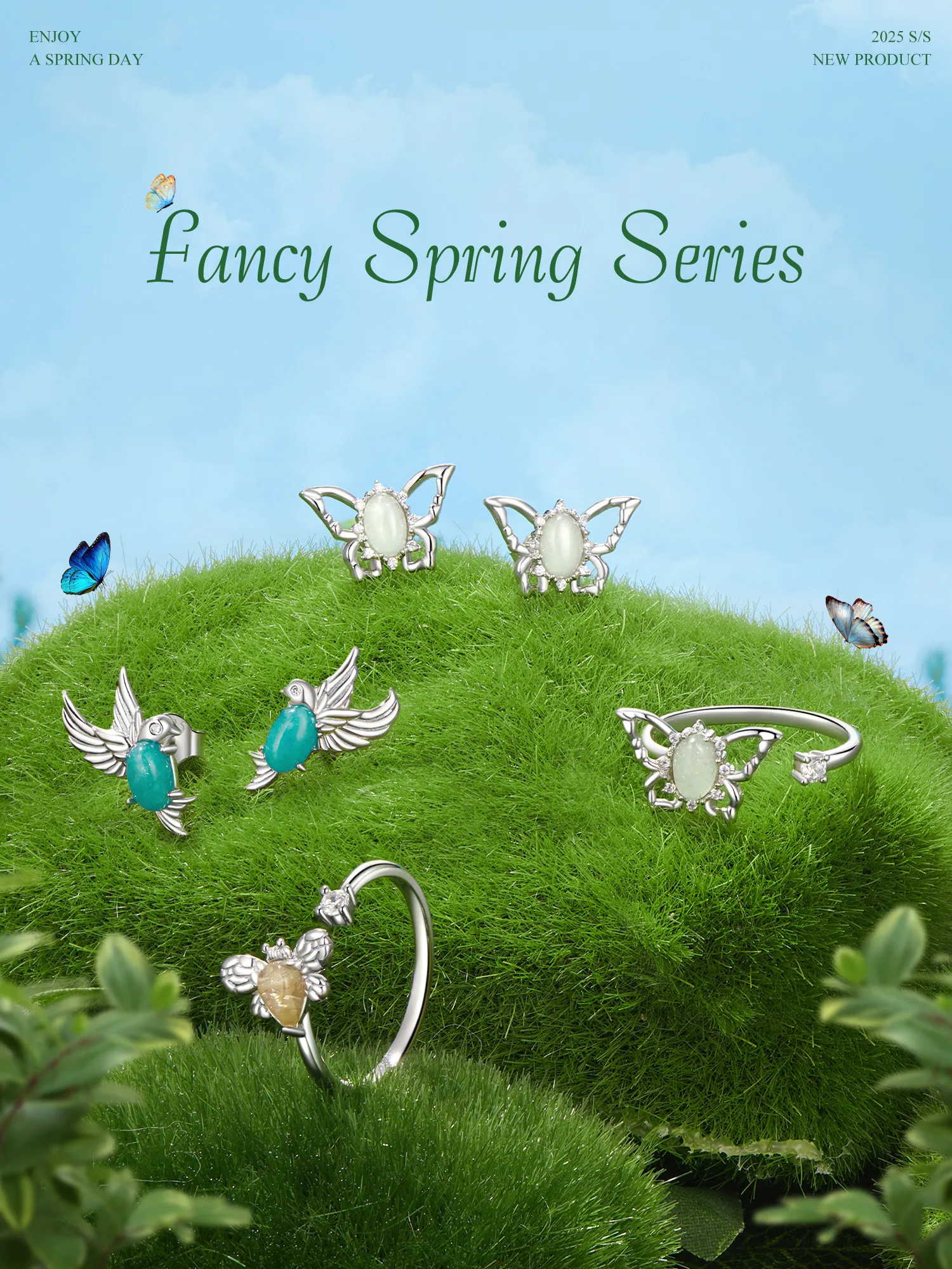 Mariposa Plata De Ley 925 Blanco Oro Plateado Jade Circón Anillos Abiertos display picture 5