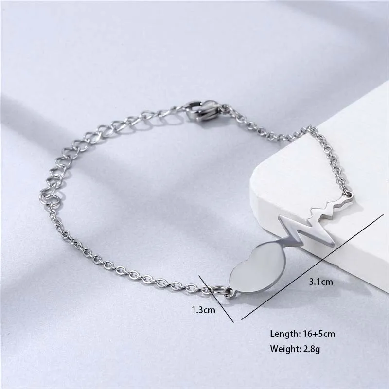 Double Heart Electrocardiogram Heart Shape Cute Hip-Hop Lady 201 Stainless Steel Bracelets In Bulk display picture 1