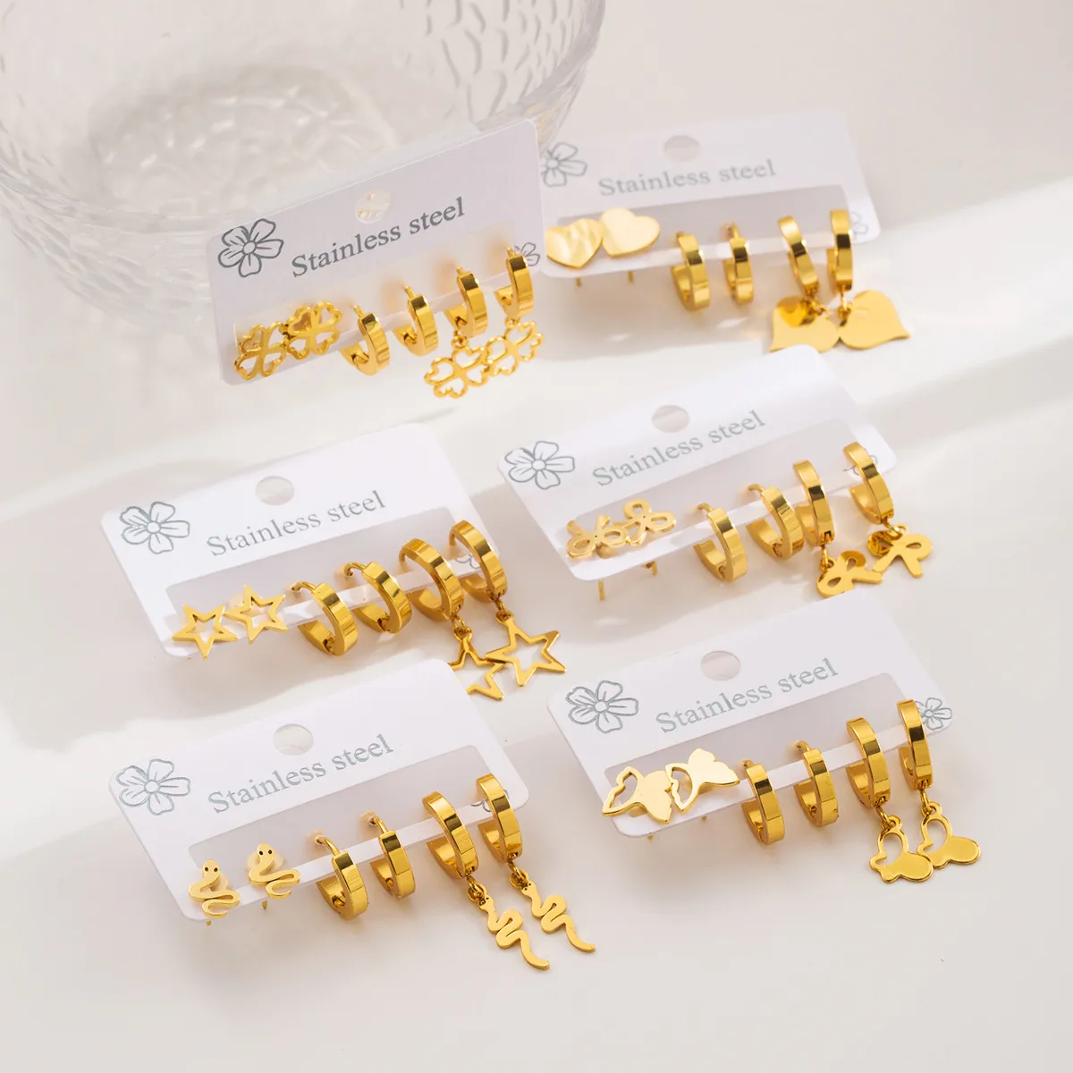 1 Set Star Flower Butterfly Retro Modern Style 304 Stainless Steel Plating Earrings display picture 9