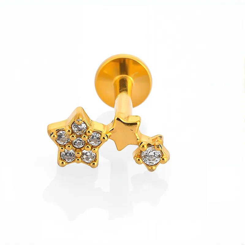 1 Piece 316L Stainless Steel  Nordic Style Punk Simple Style Star Moon Leaves Zircon 18K Gold Plated Polishing Plating Hollow Out Lip Rings Ear Cartilage Rings & Studs Nose Rings & Studs display picture 3