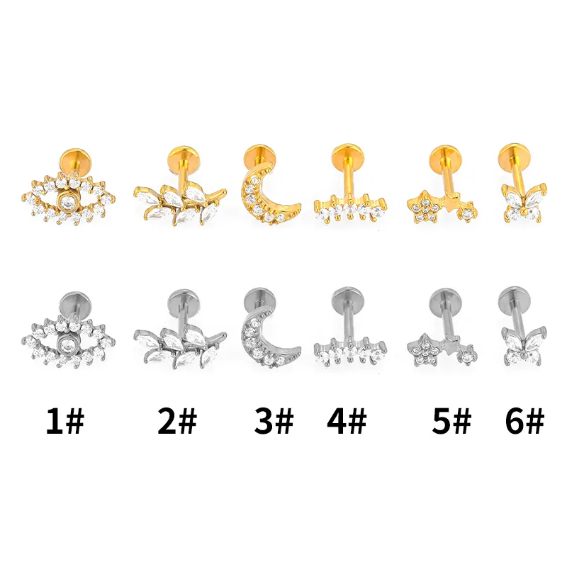 1 Piece 316L Stainless Steel  Nordic Style Punk Simple Style Star Moon Leaves Zircon 18K Gold Plated Polishing Plating Hollow Out Lip Rings Ear Cartilage Rings & Studs Nose Rings & Studs display picture 1