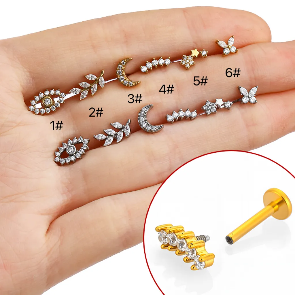 1 Piece 316L Stainless Steel  Nordic Style Punk Simple Style Star Moon Leaves Zircon 18K Gold Plated Polishing Plating Hollow Out Lip Rings Ear Cartilage Rings & Studs Nose Rings & Studs display picture 6