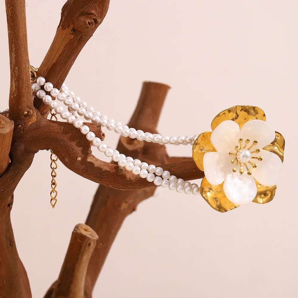 Flor Elegante Lindo Acero Inoxidable 304 Perla De Imitación Pulsera Venta Al Por Mayor display picture 6