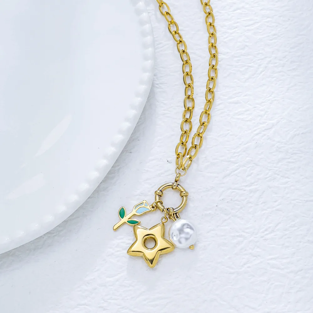 Pentagram Geometric Rose Fairy Style Princess Cute 304 Stainless Steel Pendant Necklace Lobster Trigger Clasp Closure display picture 9