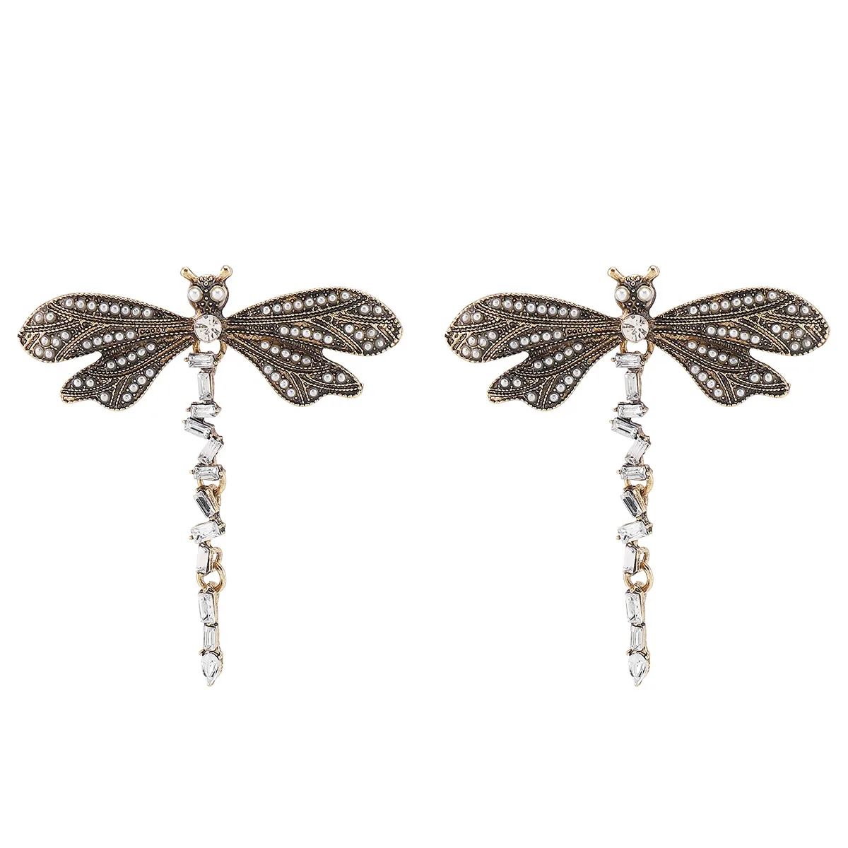 1 Pair Dragonfly Classical Retro Brass Diamond Drop Earrings display picture 5
