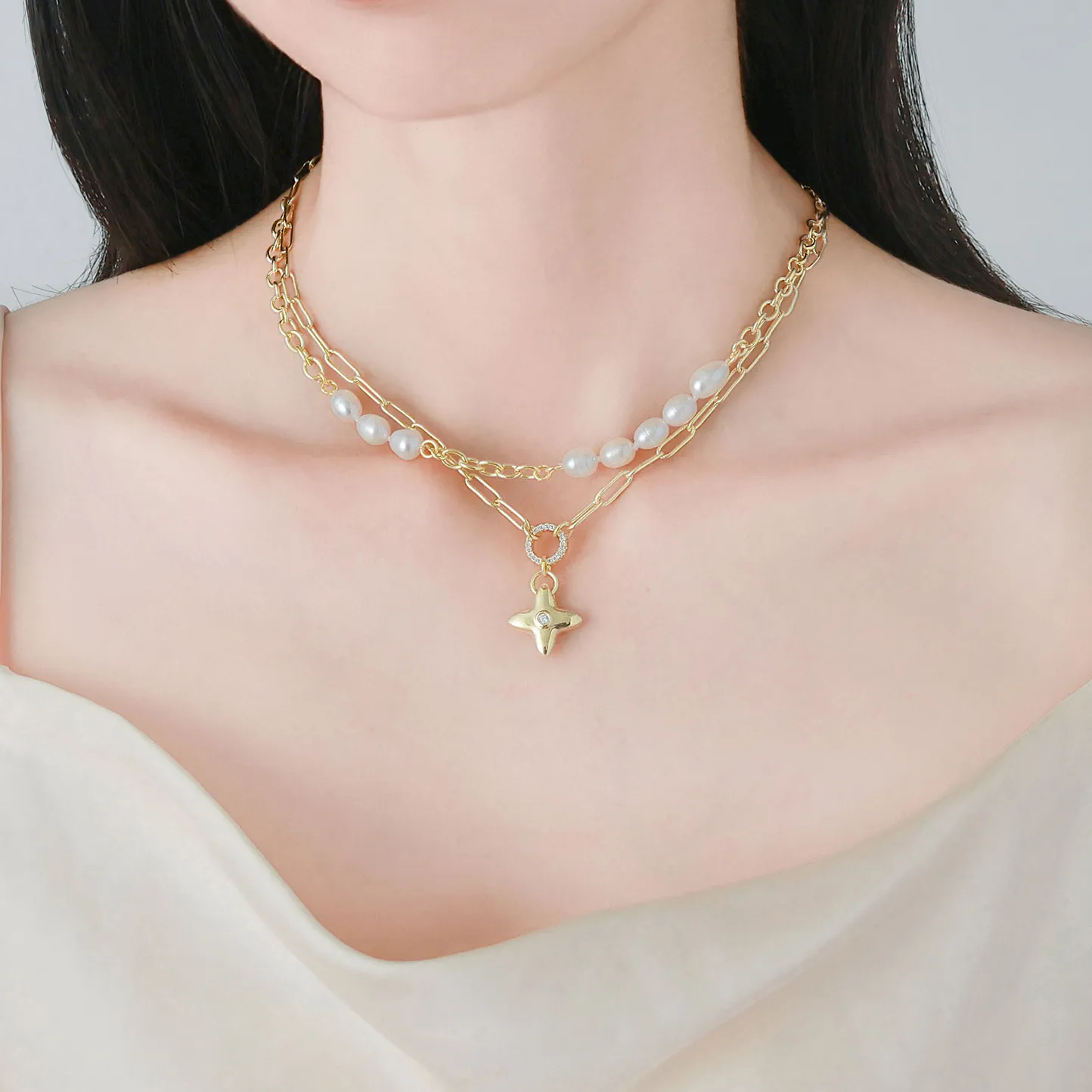 Geometric Star Elegant Lady Formal Freshwater Pearl Freshwater Pearl Copper K Gold Plated Layered Necklaces Asymmetrical Plating Lobster Trigger Clasp Closure display picture 3