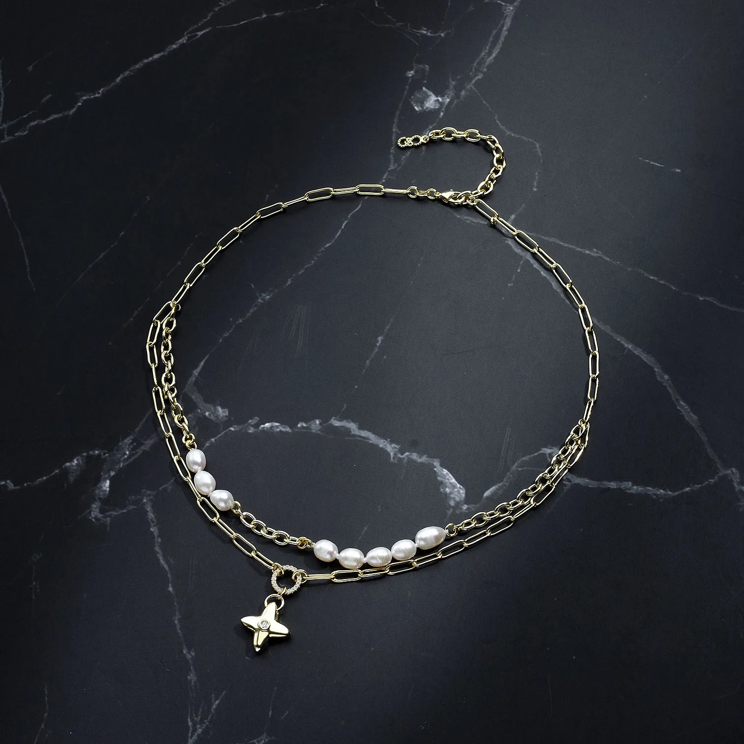Geometric Star Elegant Lady Formal Freshwater Pearl Freshwater Pearl Copper K Gold Plated Layered Necklaces Asymmetrical Plating Lobster Trigger Clasp Closure display picture 2