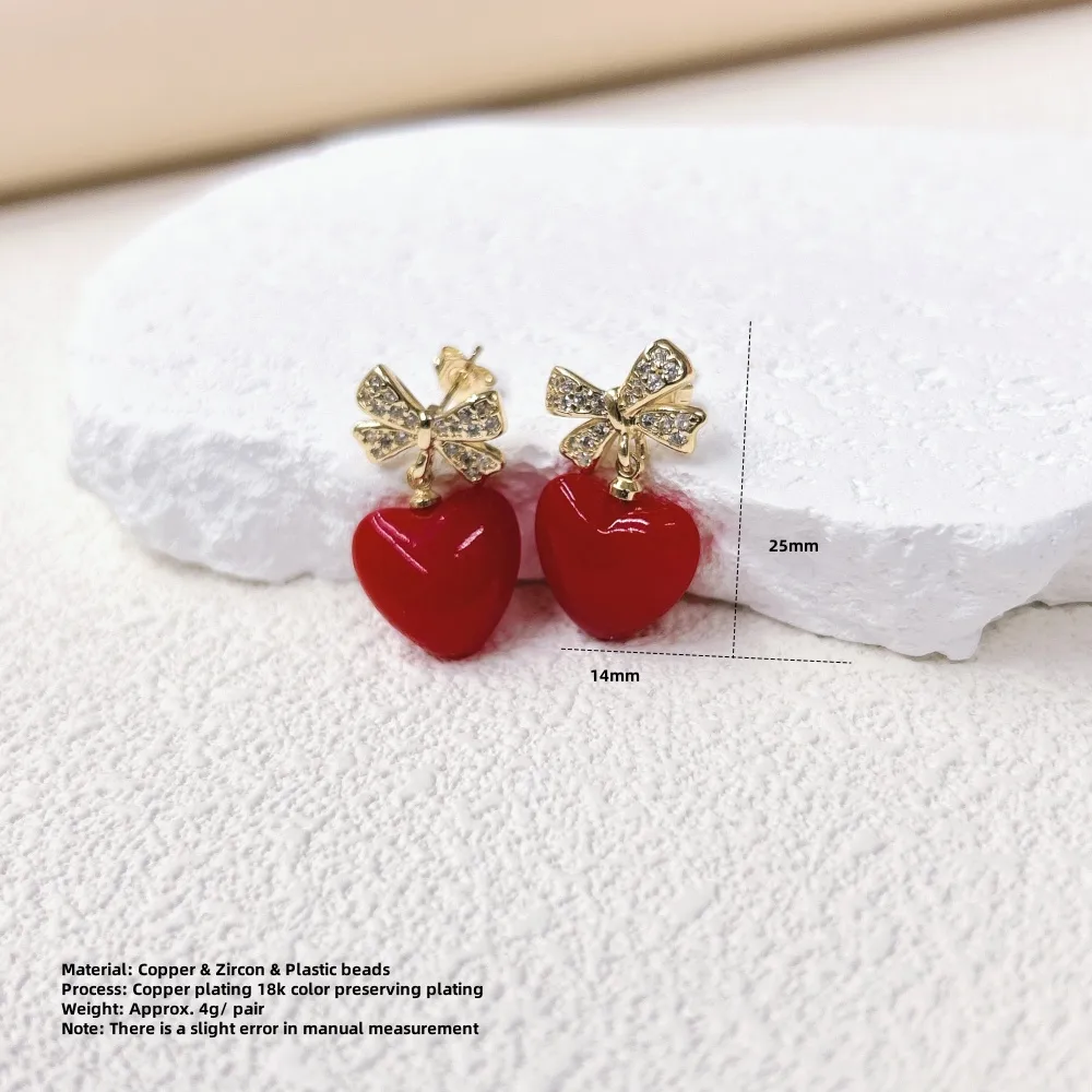 Elegant Lady Queen Copper Cherry Red Heart Bow Knot Plating Resin Zircon 18K Gold Plated Women's Jewelry Set display picture 2