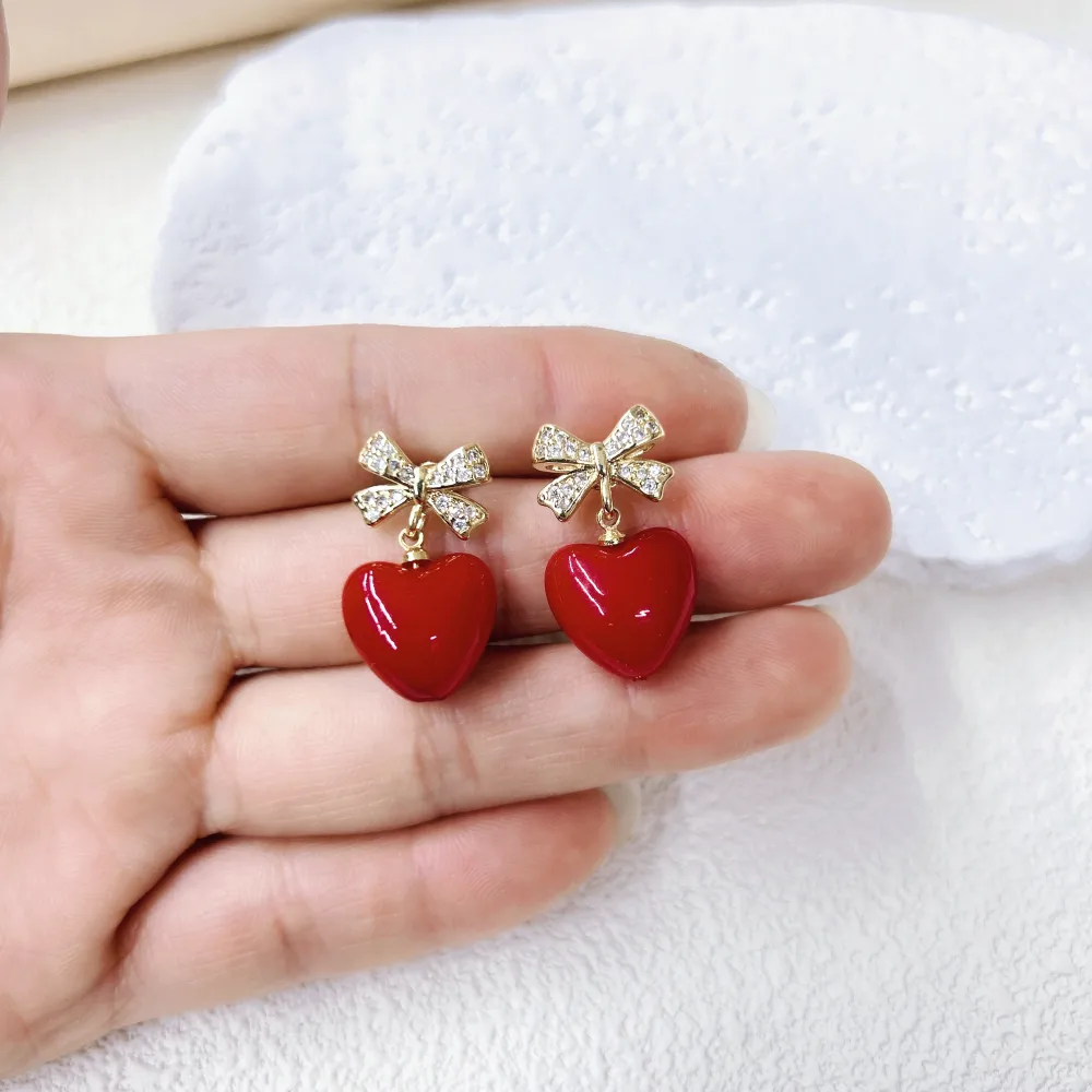 Elegant Lady Queen Copper Cherry Red Heart Bow Knot Plating Resin Zircon 18K Gold Plated Women's Jewelry Set display picture 6