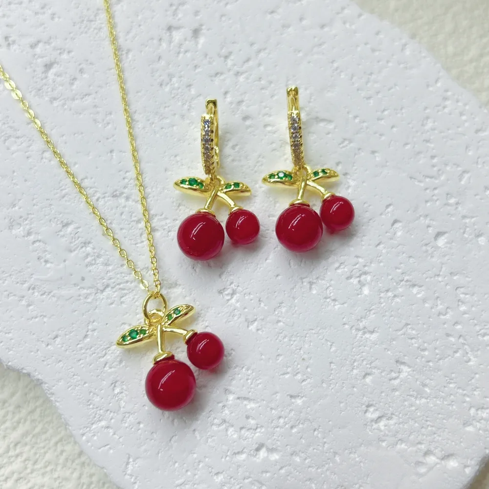 Glam Cute Pastoral Copper Cherry Strawberry Enamel Plating Resin Zircon 18K Gold Plated Women's Jewelry Set display picture 2