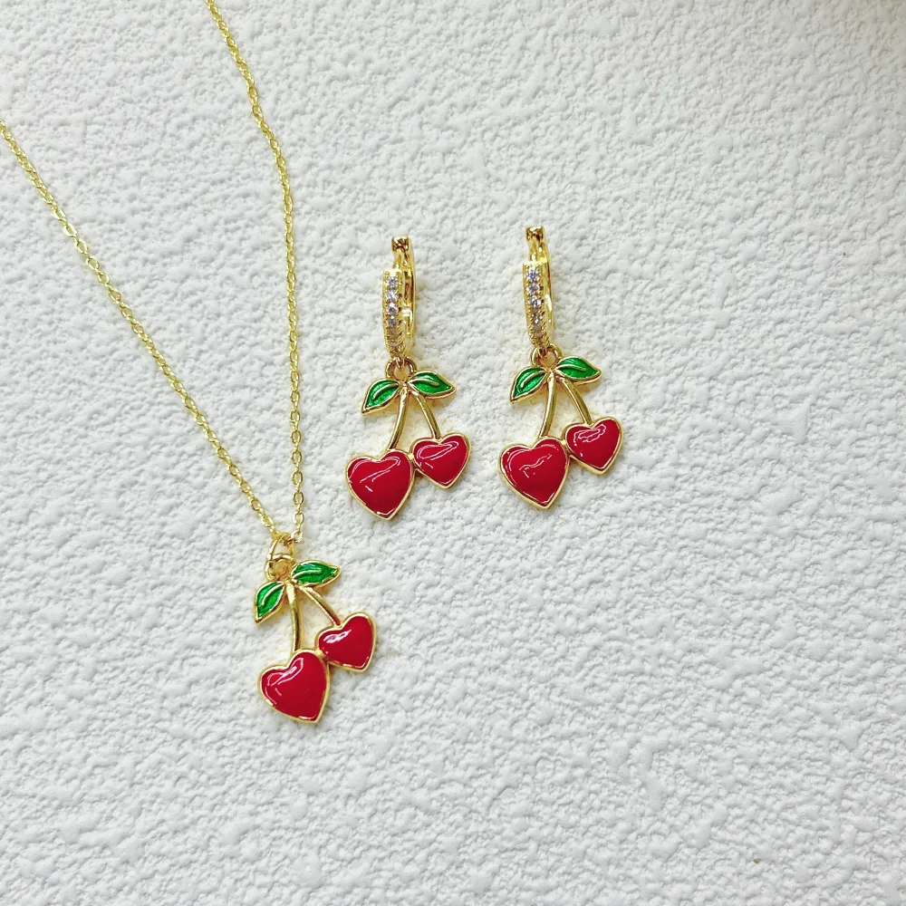 Glam Cute Pastoral Copper Cherry Strawberry Enamel Plating Resin Zircon 18K Gold Plated Women's Jewelry Set display picture 7