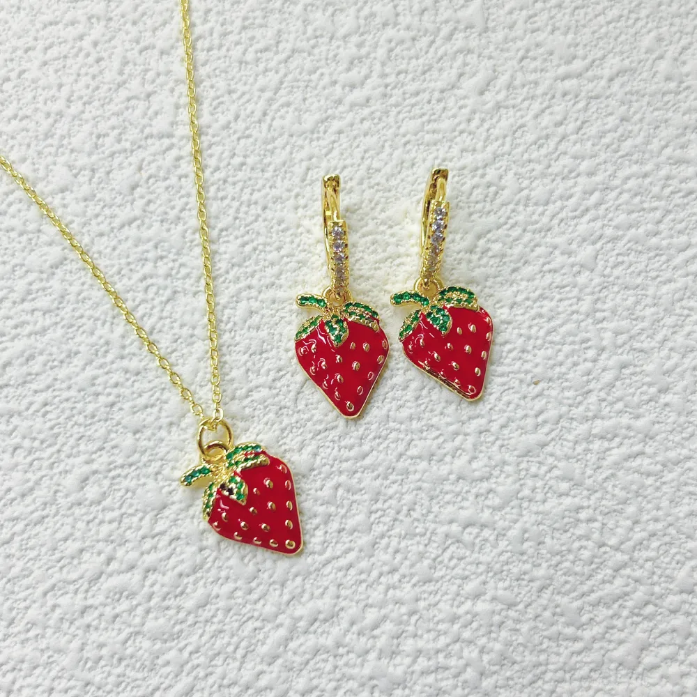 Glam Cute Pastoral Copper Cherry Strawberry Enamel Plating Resin Zircon 18K Gold Plated Women's Jewelry Set display picture 8