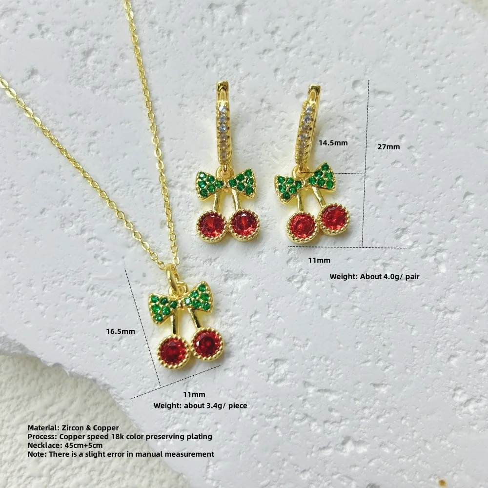 Glam Cute Pastoral Copper Cherry Strawberry Enamel Plating Resin Zircon 18K Gold Plated Women's Jewelry Set display picture 11