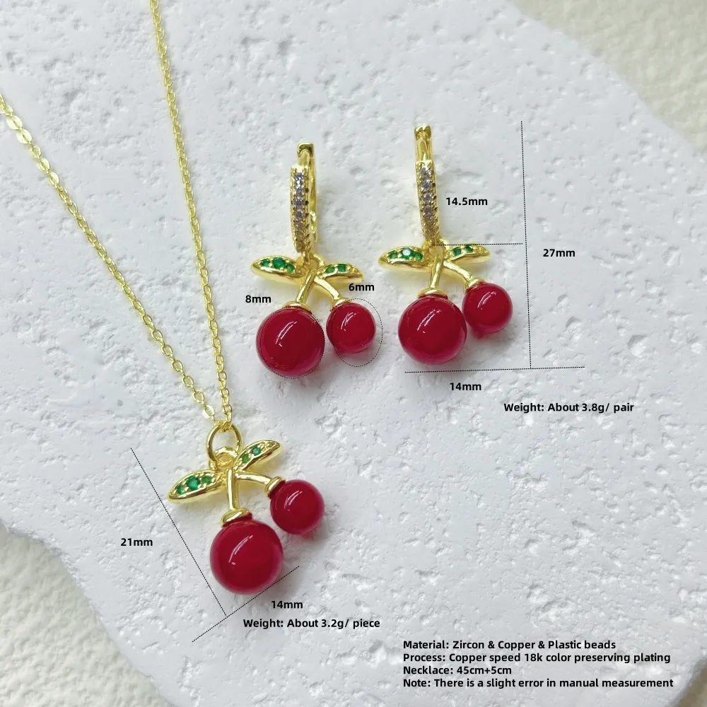 Glam Cute Pastoral Copper Cherry Strawberry Enamel Plating Resin Zircon 18K Gold Plated Women's Jewelry Set display picture 9