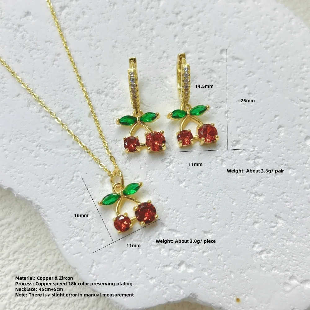 Glam Cute Pastoral Copper Cherry Strawberry Enamel Plating Resin Zircon 18K Gold Plated Women's Jewelry Set display picture 16