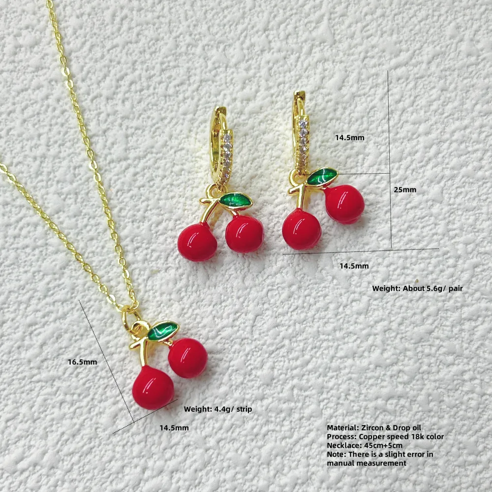 Glam Cute Pastoral Copper Cherry Strawberry Enamel Plating Resin Zircon 18K Gold Plated Women's Jewelry Set display picture 13