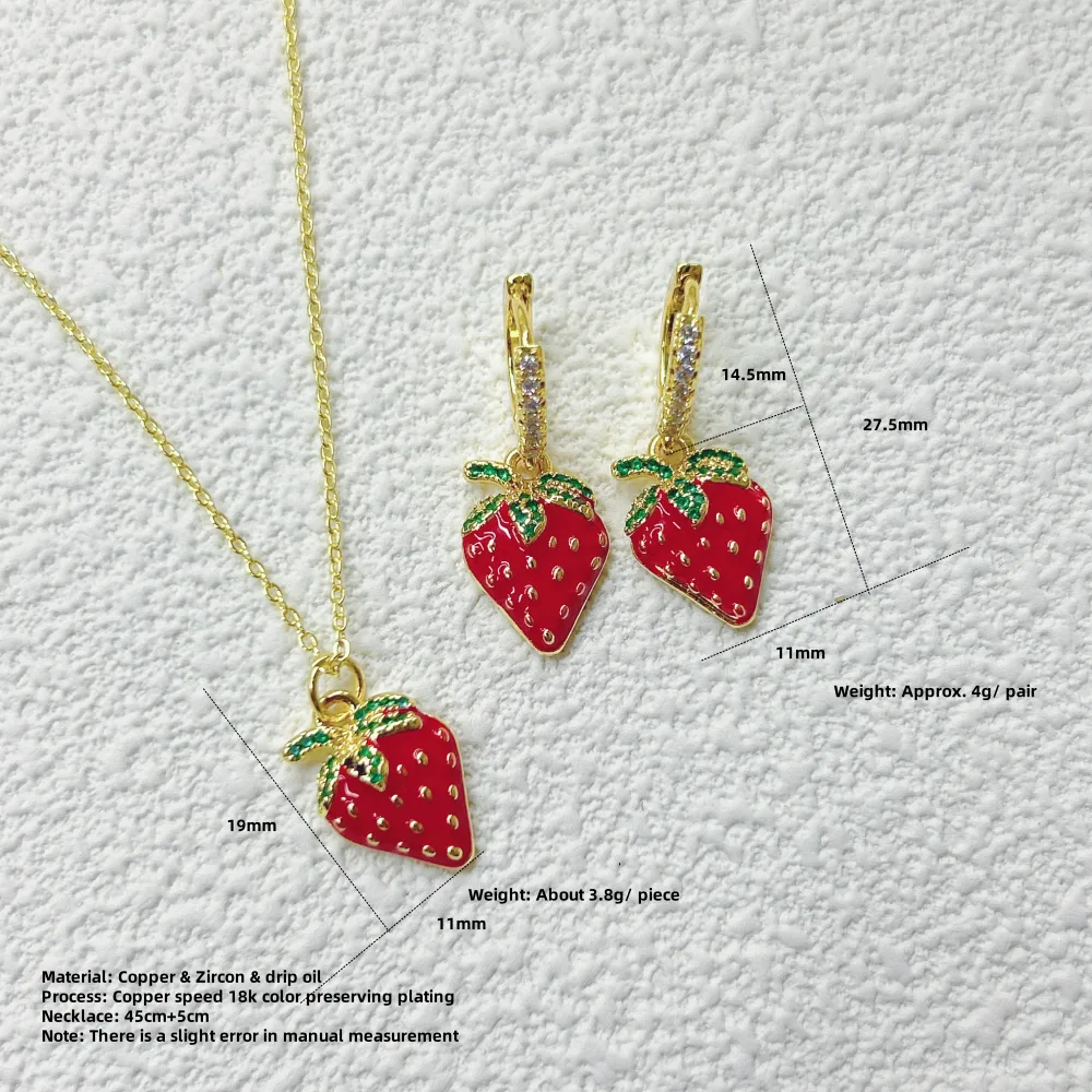 Glam Cute Pastoral Copper Cherry Strawberry Enamel Plating Resin Zircon 18K Gold Plated Women's Jewelry Set display picture 15