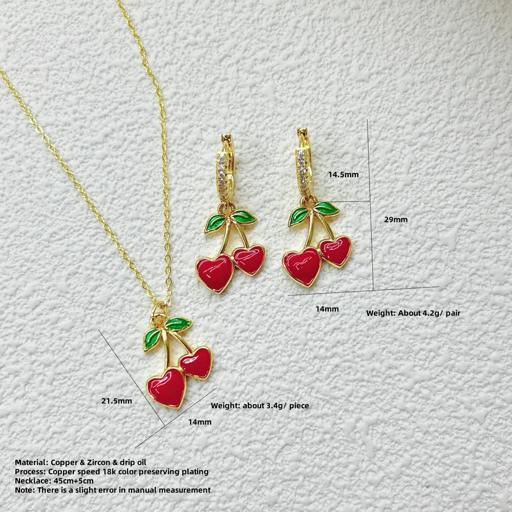 Glam Cute Pastoral Copper Cherry Strawberry Enamel Plating Resin Zircon 18K Gold Plated Women's Jewelry Set display picture 14