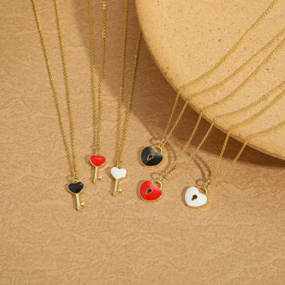 Heart Shape Key Lock Casual Classic Style Copper 14K Gold Plated Pendant Necklace Enamel Lobster Trigger Clasp Closure display picture 6