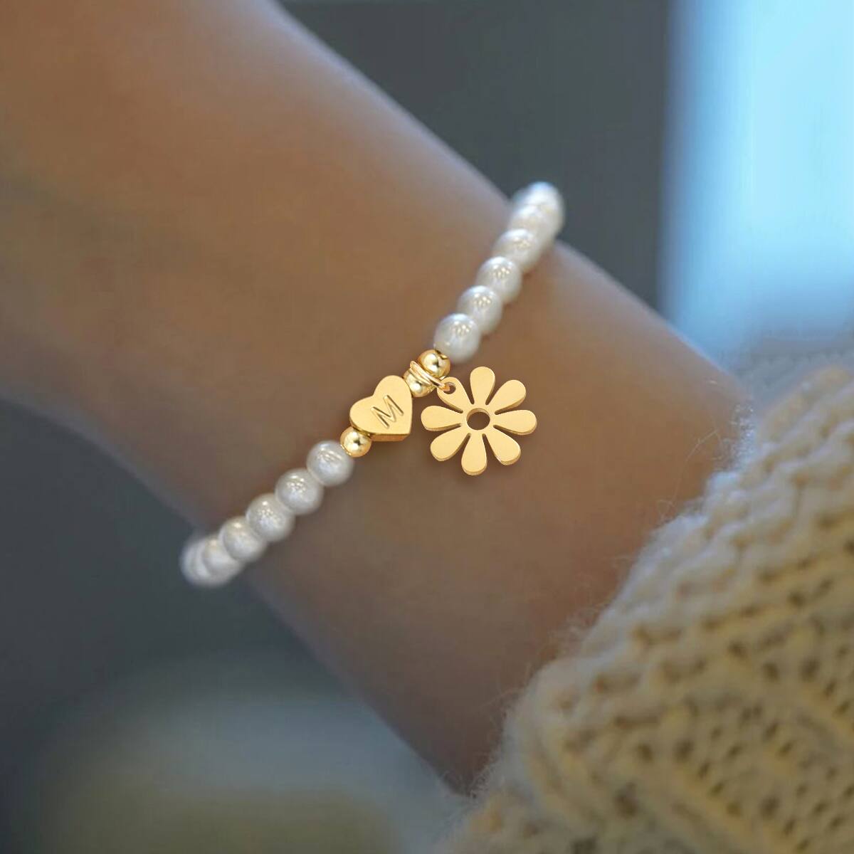 Letra Forma De Corazón Flor Elegante Estilo Simple Estilo Clásico Acero Inoxidable 304 Perla Artificial Pulsera Venta Al Por Mayor display picture 1