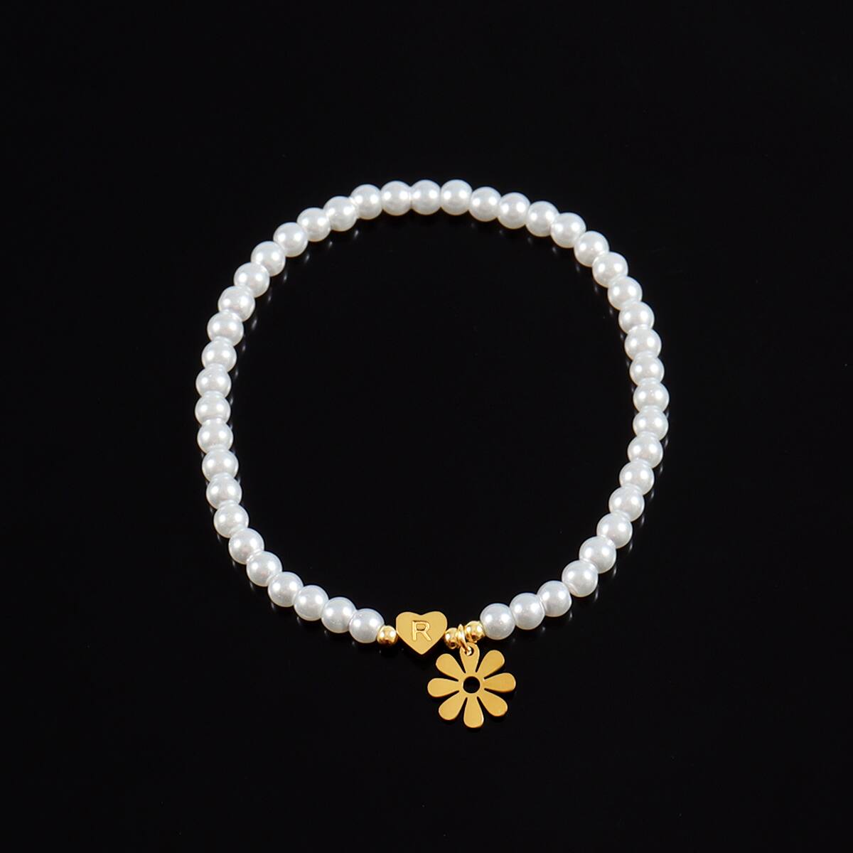 Letra Forma De Corazón Flor Elegante Estilo Simple Estilo Clásico Acero Inoxidable 304 Perla Artificial Pulsera Venta Al Por Mayor display picture 3