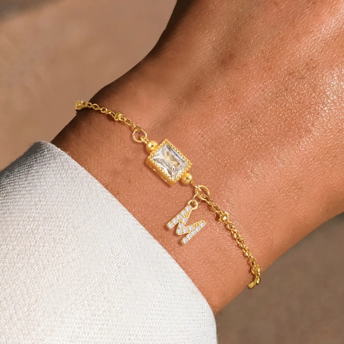 Letter Rectangle Elegant Simple Style Classic Style Zircon 201 Stainless Steel Artificial Crystal Copper Bracelets Wholesale display picture 1