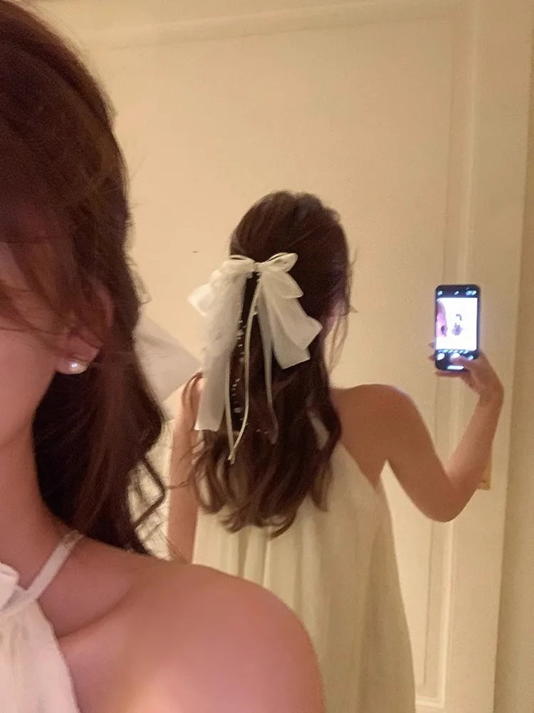 Super Fairy White Bow Ribbon Hairpin Headdress Female Hairpin Hairpins Back Head Top Clip Hair Accessories display picture 7