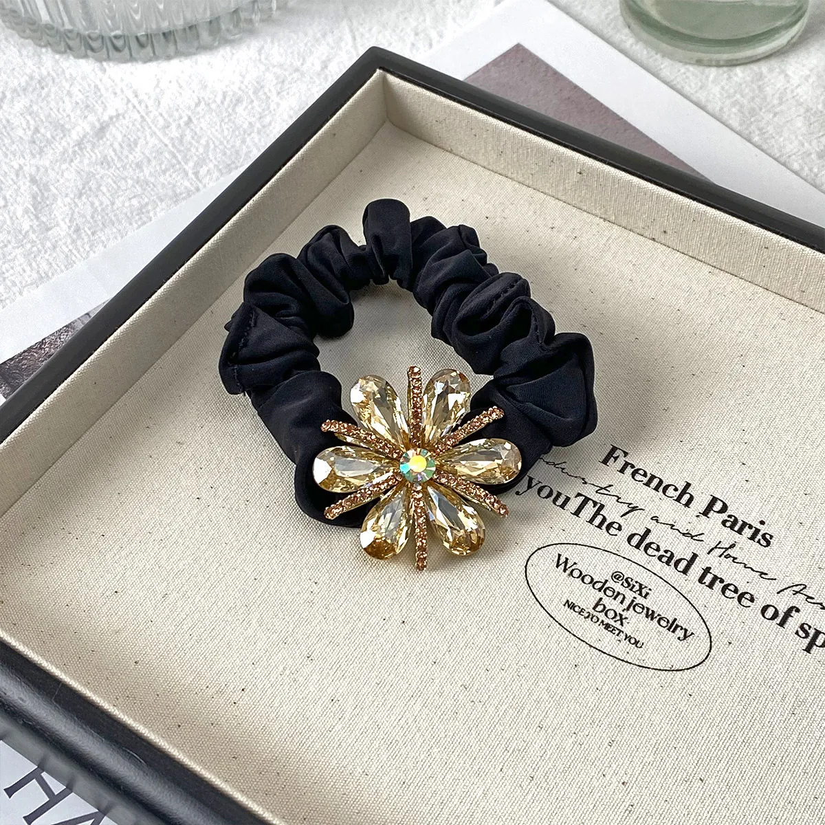 New Style French Retro Hair Band Crystal Sausage Ring Rhinestone SUNFLOWER Women's Highly Elastic Hair Rope Hair Band High-Grade Exquisite display picture 2