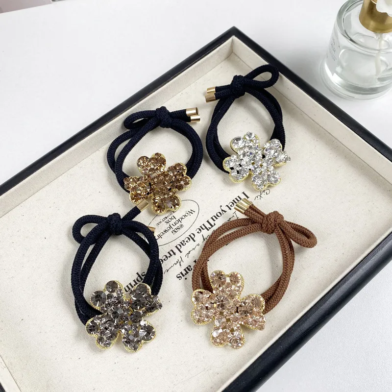 2025 New Dignified Rhinestone Hair Rope Girl New Style Fashion Hair Ring Tie Hair High Elastic Rubber Band Clover Head Rope display picture 3