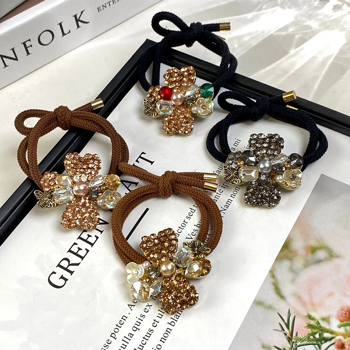 New Hair Accessories Hair Rope Simple Rhinestone Flower High Ponytail Balls Hair Black Rubber Band Temperament Hair Band Head Rope Head display picture 2