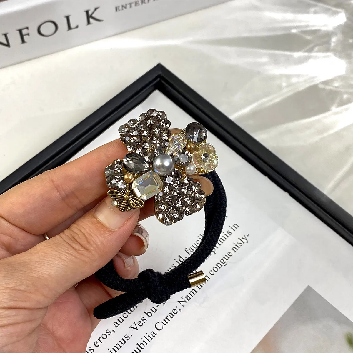 New Hair Accessories Hair Rope Simple Rhinestone Flower High Ponytail Balls Hair Black Rubber Band Temperament Hair Band Head Rope Head display picture 6