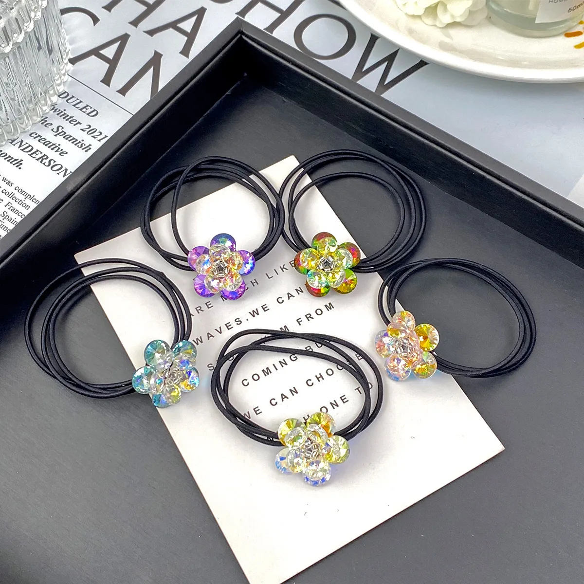 Elegant Three-Dimensional Double Layer Five-Petal Flower Crystal Hair Rope New Women's Ponytail Head Rope Rubber Band High-Grade Hair Accessories display picture 1