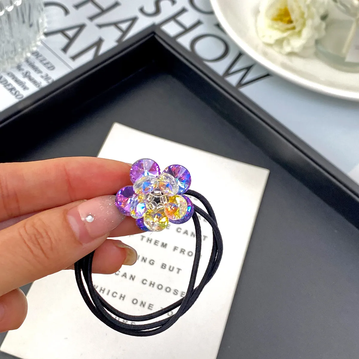 Elegant Three-Dimensional Double Layer Five-Petal Flower Crystal Hair Rope New Women's Ponytail Head Rope Rubber Band High-Grade Hair Accessories display picture 2