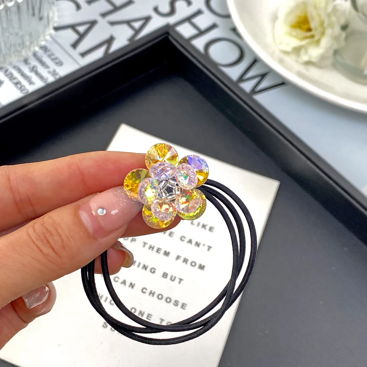 Elegante Cuerda De Cristal Tridimensional De Doble Capa De Cinco Pétalos Para El Pelo Nueva Cuerda De Cola De Caballo Para Mujer Banda De Goma Para El Cabello De Alto Grado display picture 4