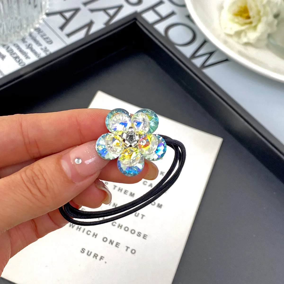 Elegant Three-Dimensional Double Layer Five-Petal Flower Crystal Hair Rope New Women's Ponytail Head Rope Rubber Band High-Grade Hair Accessories display picture 5