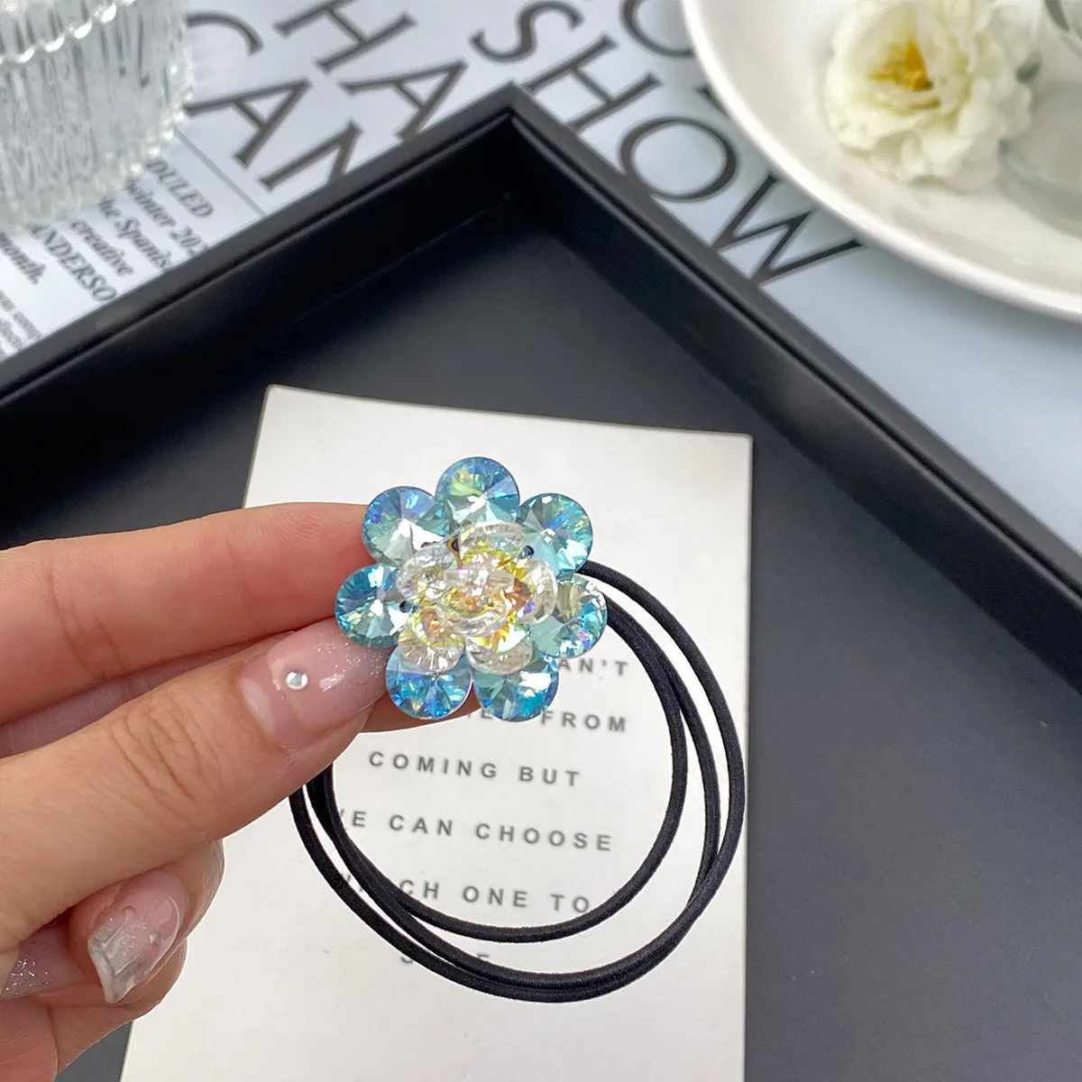 Elegante Cuerda De Cristal Tridimensional De Doble Capa De Cinco Pétalos Para El Pelo Nueva Cuerda De Cola De Caballo Para Mujer Banda De Goma Para El Cabello De Alto Grado display picture 11