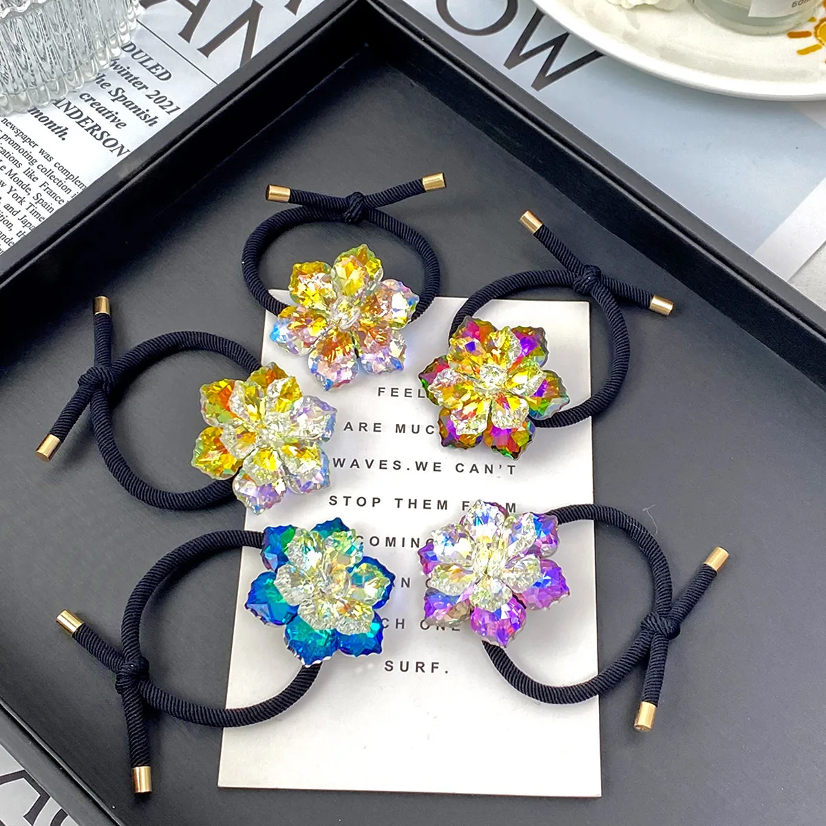 Elegante Cuerda De Cristal Tridimensional De Doble Capa De Cinco Pétalos Para El Pelo Nueva Cuerda De Cola De Caballo Para Mujer Banda De Goma Para El Cabello De Alto Grado display picture 12