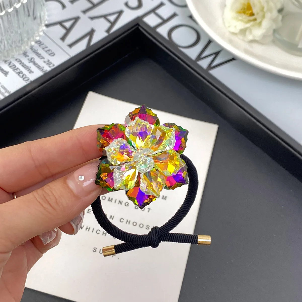 Elegant Three-Dimensional Double Layer Five-Petal Flower Crystal Hair Rope New Women's Ponytail Head Rope Rubber Band High-Grade Hair Accessories display picture 14