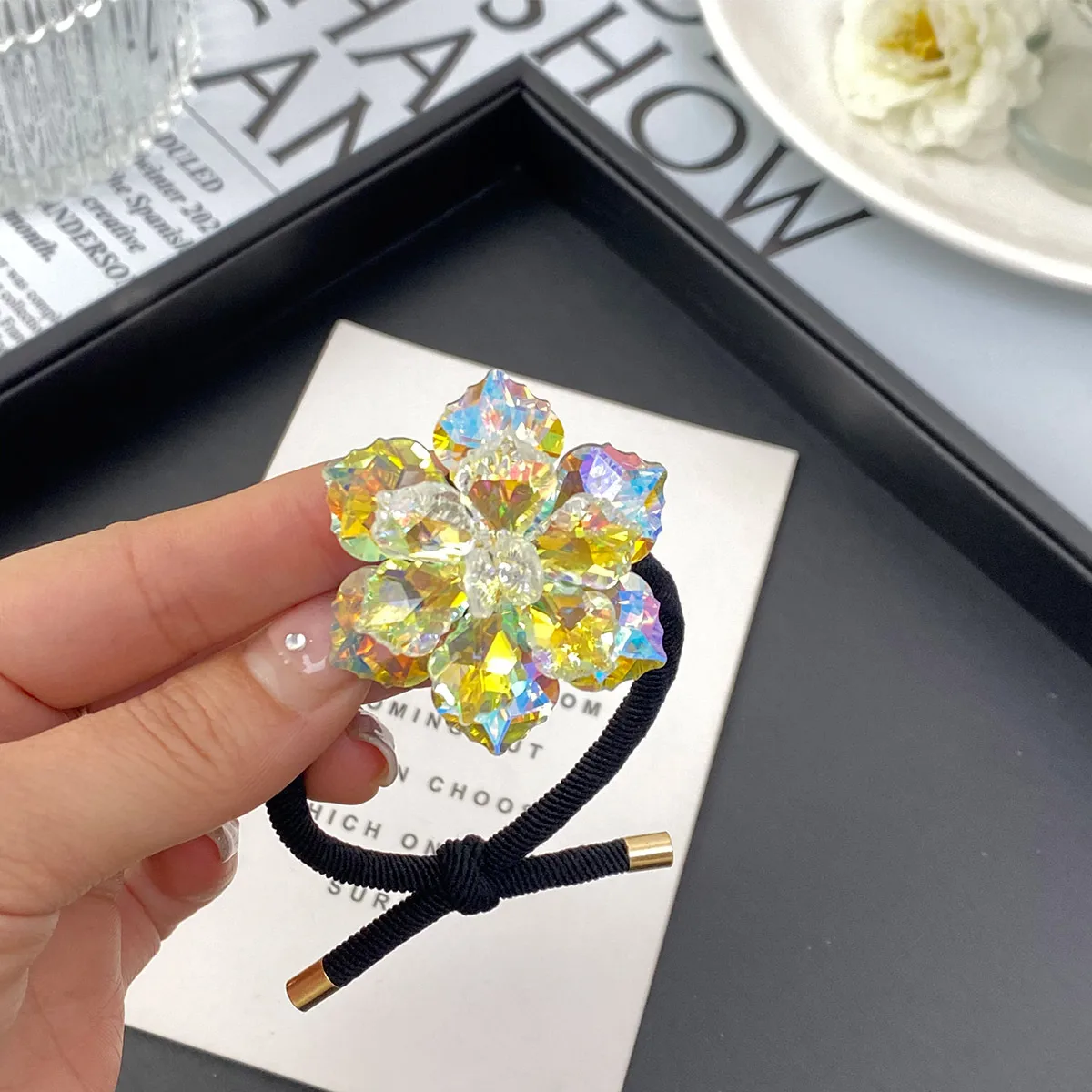 Elegant Three-Dimensional Double Layer Five-Petal Flower Crystal Hair Rope New Women's Ponytail Head Rope Rubber Band High-Grade Hair Accessories display picture 15