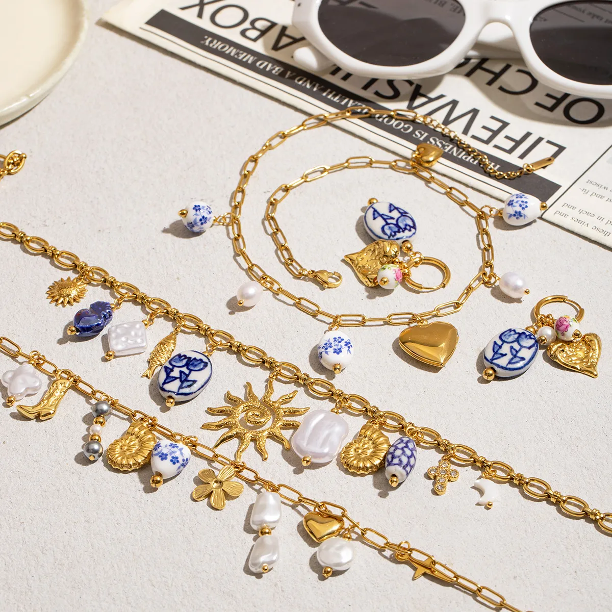 Acero Inoxidable Acero Titanio Sol Forma De Corazón Perla Enchapado Cerámica Mujeres Aretes Collar display picture 1