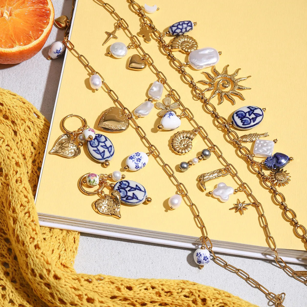 Stainless Steel Titanium Steel Sun Heart Shape Pearl Plating Ceramics Women's Earrings Necklace display picture 2