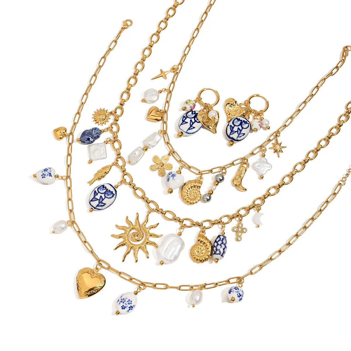 Stainless Steel Titanium Steel Sun Heart Shape Pearl Plating Ceramics Women's Earrings Necklace display picture 12
