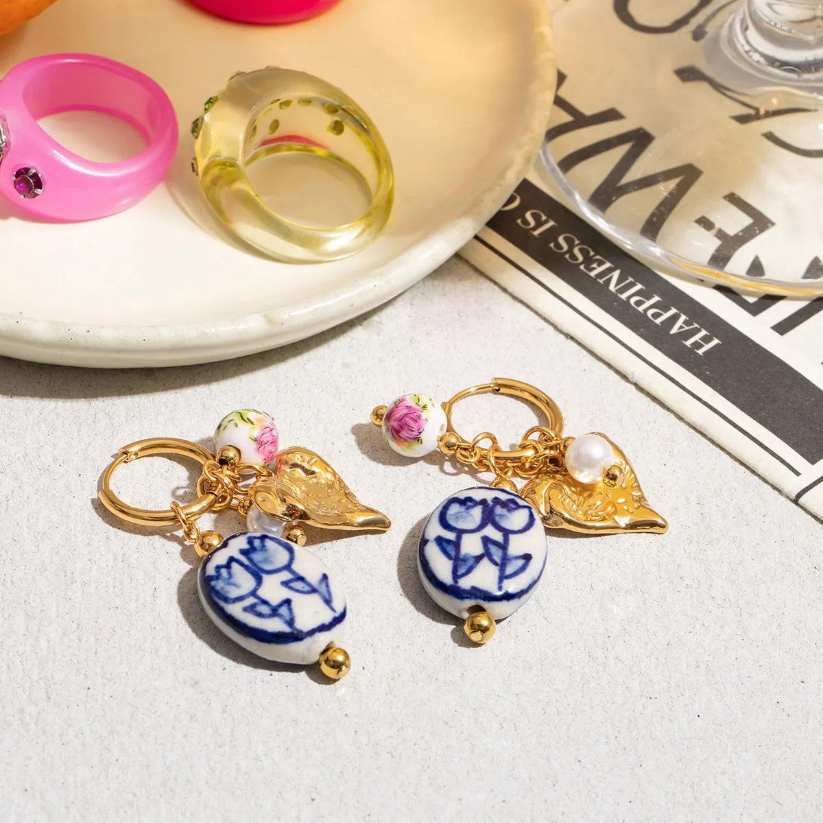 Stainless Steel Titanium Steel Sun Heart Shape Pearl Plating Ceramics Women's Earrings Necklace display picture 3