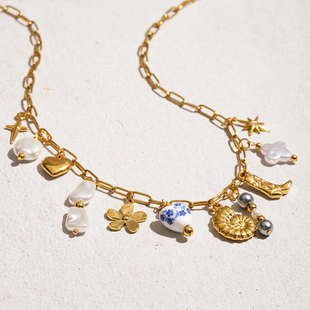 Stainless Steel Titanium Steel Sun Heart Shape Pearl Plating Ceramics Women's Earrings Necklace display picture 5