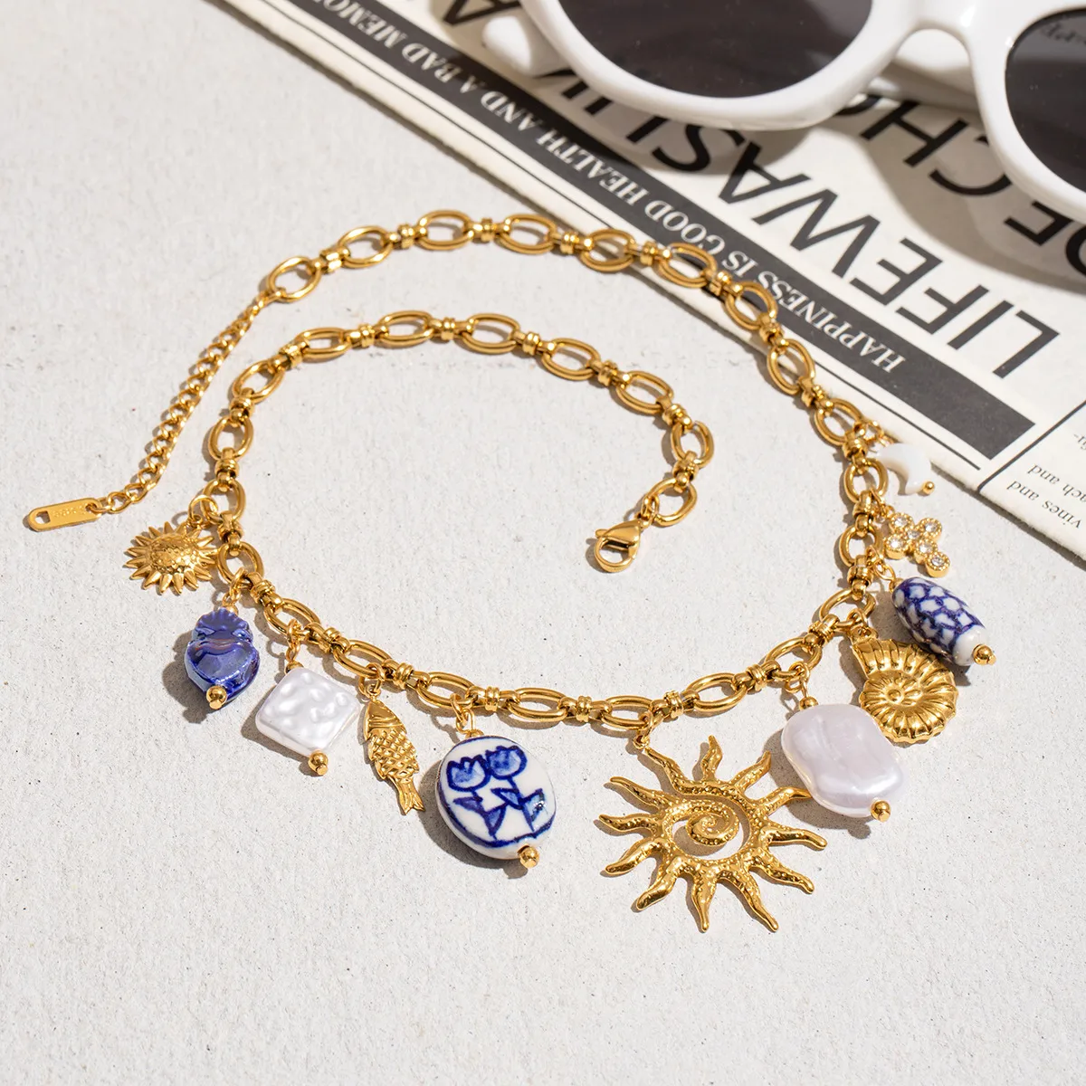 Acier Inoxydable Acier Au Titane Soleil Forme De Cœur Perle Placage Céramique Femmes Des Boucles D'Oreilles Collier display picture 7