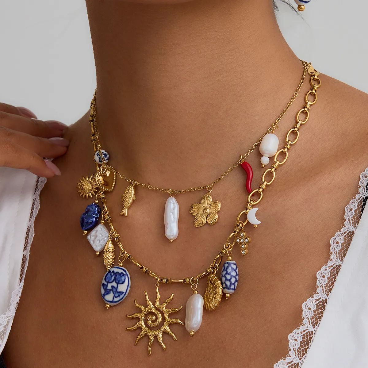 Stainless Steel Titanium Steel Sun Heart Shape Pearl Plating Ceramics Women's Earrings Necklace display picture 8